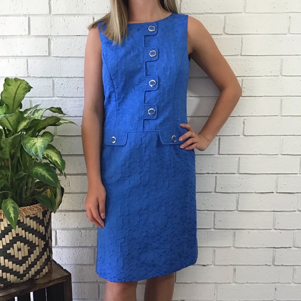 Tahari Textured Sleeveless Blue A-Line Dress